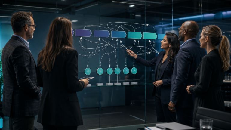 Sales leaders examining a complicated opportunity-stage process on a glass wall